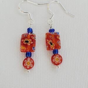 Sweet Earrings Glass Millefiori Orange and Blue Beads with Gold Tone findings